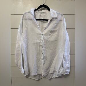 Sigrid Olsen 100% Linen Button Up Shirt Size Large Roll Tab Sleeves White Blouse
